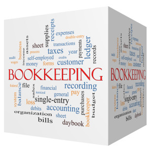 Bookkeeping 3D cube Word Cloud Concept with great terms such as financial, records, ledger and more.